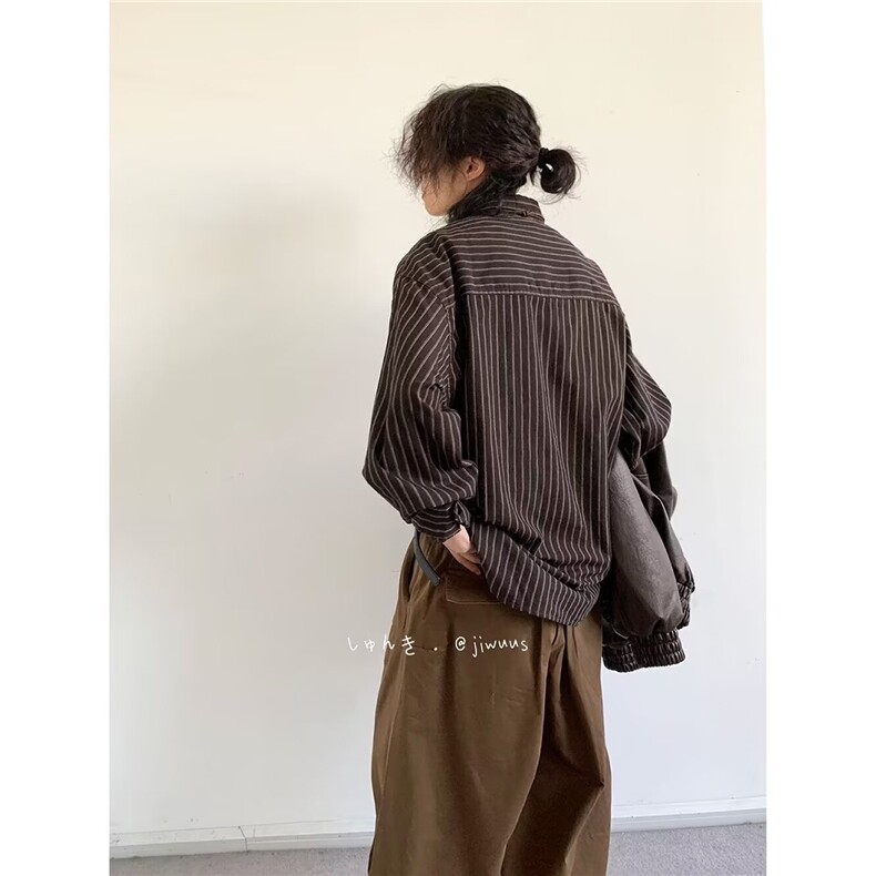 380-P37春秋套装日系复古条纹翻领衬衫男女港风宽松休闲百搭长袖,男装衬衫,电商B323A