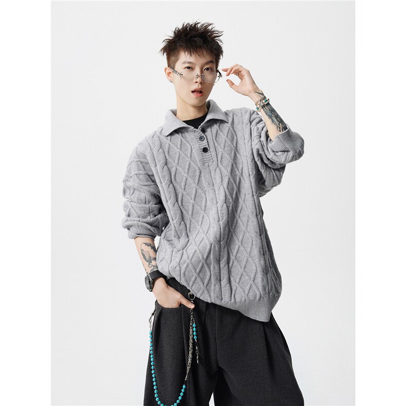 M-8XL老钱风复古麻花针织衫宽松男女秋冬款polo领毛衣MY1518/P75,男装针织衫/毛衣,电商B238