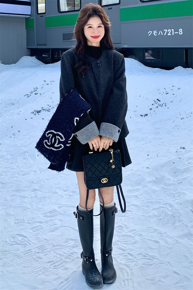 灰色小香风毛呢羽绒服半身裙套装,女装套装/套裙,纯色衣恋