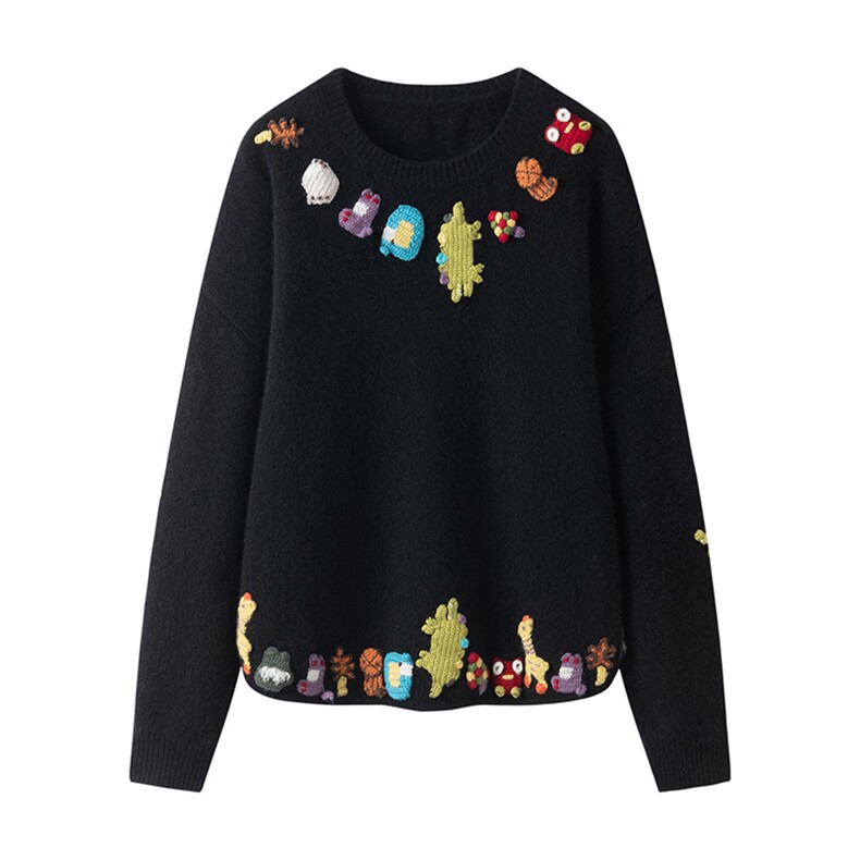 2026年秋季时尚百搭通勤简约休闲手工钩花刺绣长袖，女装羊绒衫，暖习羊绒