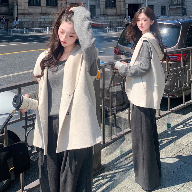 现货主推新款双面羊毛呢连帽百搭宽松休闲羊毛马甲女外套，女装双面呢大衣，丝露依尚（原SL）