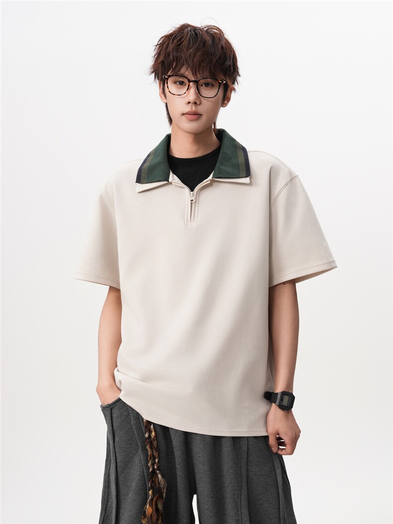 M-8XL美式复古撞色拼接polo衫半拉链短袖t恤大码宽松DX1227/特P40,男装T恤,电商B238