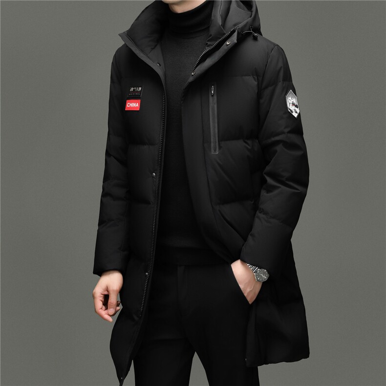 2025新款冬季男士连帽长款90%白鸭绒羽绒服大衣加厚200克羽绒外套,男装羽绒服,钱塘723