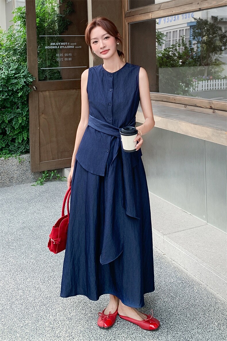 老钱风无袖绑带上衣半身裙套装女2025夏季新款法式气质显瘦两件套,女装套装/套裙,浙宝305