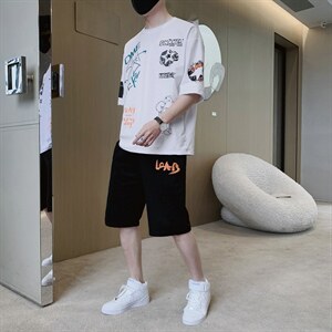 夏季休闲运动套装男青少年潮流印花短袖T恤两件套F307P58图片
