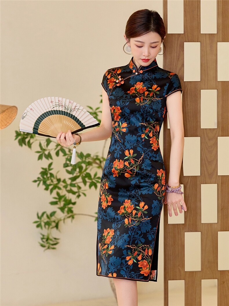 杭州品质真丝中长裙复古印花连衣裙女春夏日常修身潮流真丝旗袍,女装汉服/婚纱/旗袍/礼服,小荷流