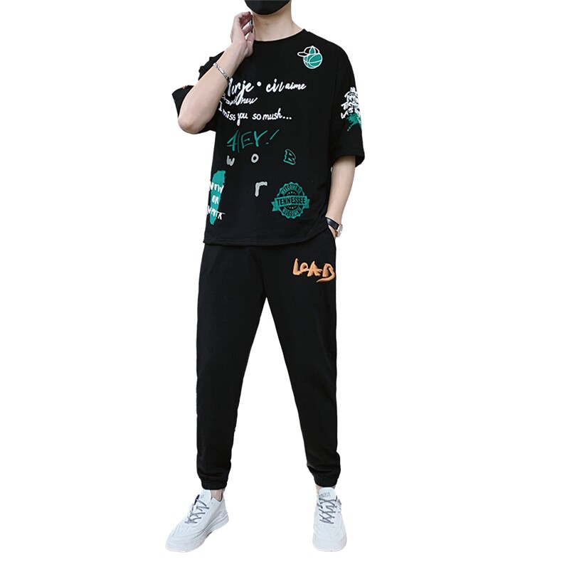 新款夏季潮流时尚短袖T恤男装青少年宽松休闲ins圆领套装F309P68,男装休闲套装,电商A086