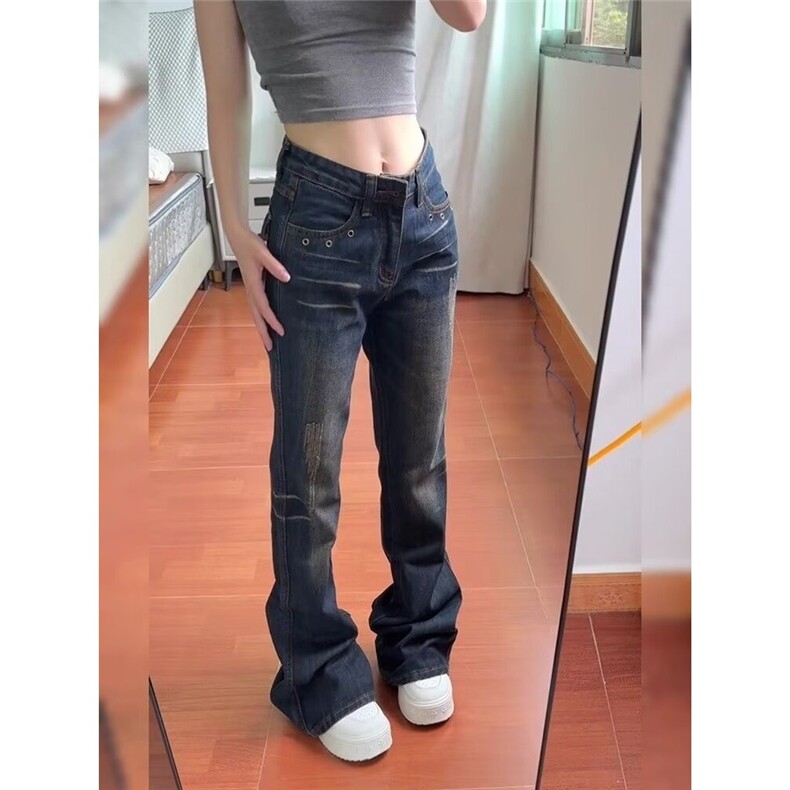 美式复古低腰微喇叭牛仔裤女2025新款显瘦高街辣妹阔腿拖地裤,男装牛仔裤,星座506A