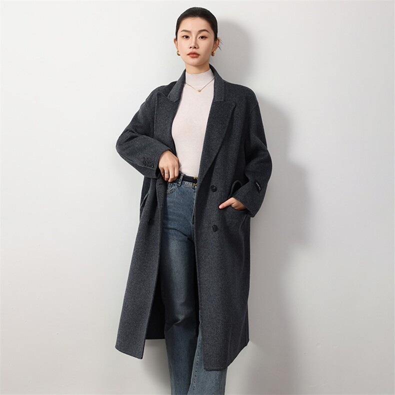 2024新款双面呢羊毛过膝修身气质长款西装领羊毛大衣女西装外套，女装双面呢大衣，爱绒人羊绒大衣工厂店
