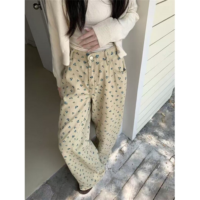 复古卡其色碎花阔腿牛仔裤高腰宽松直筒裤拖地长裤513ACK1930P43图片