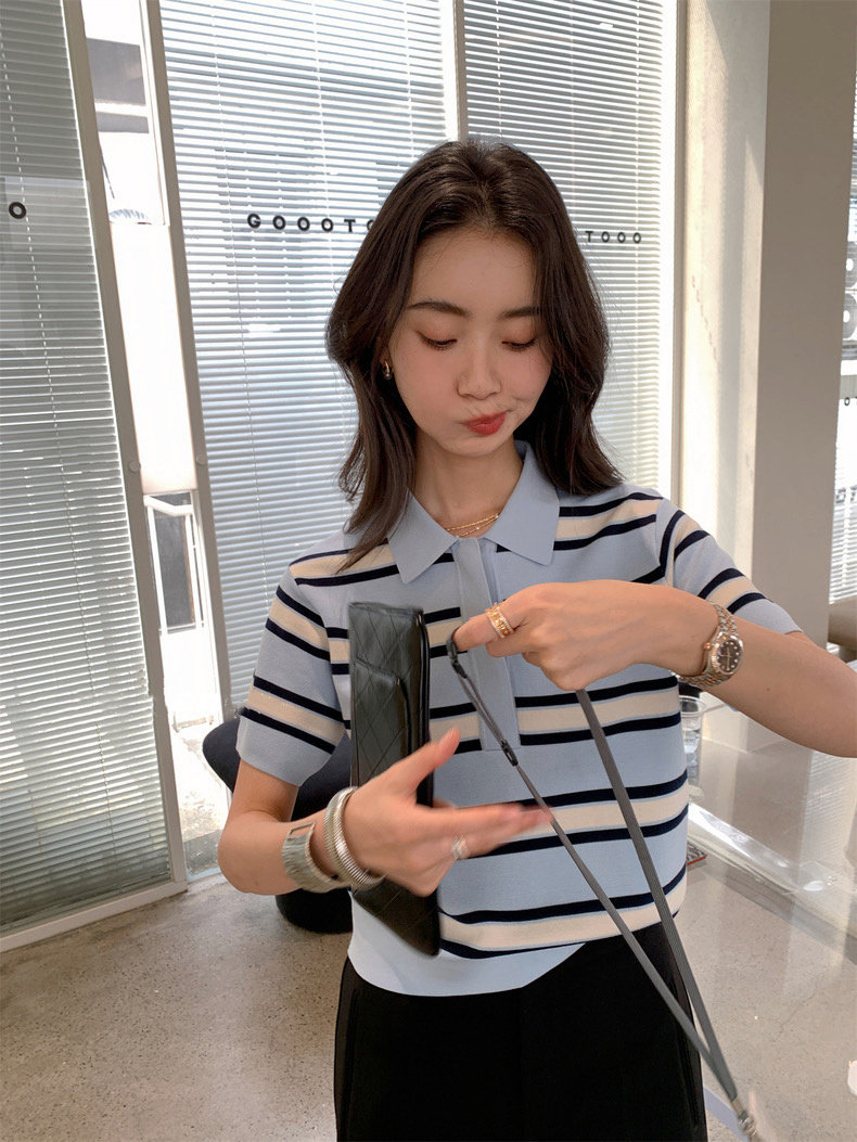 时尚条纹针织衫女短袖宽松显瘦百搭休闲上衣,针织衫/毛衣,沐策羊绒