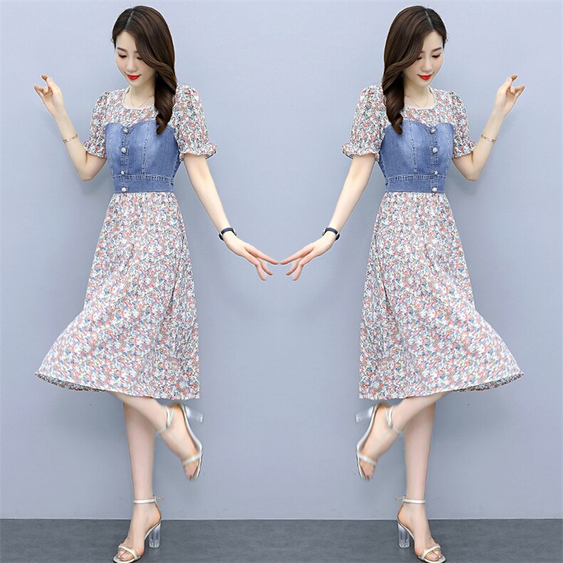 汉派鑫源时尚拼接牛仔连衣裙女2025新款夏季微胖身材收腰牛仔裙子,女装连衣裙,涵亦佰惠