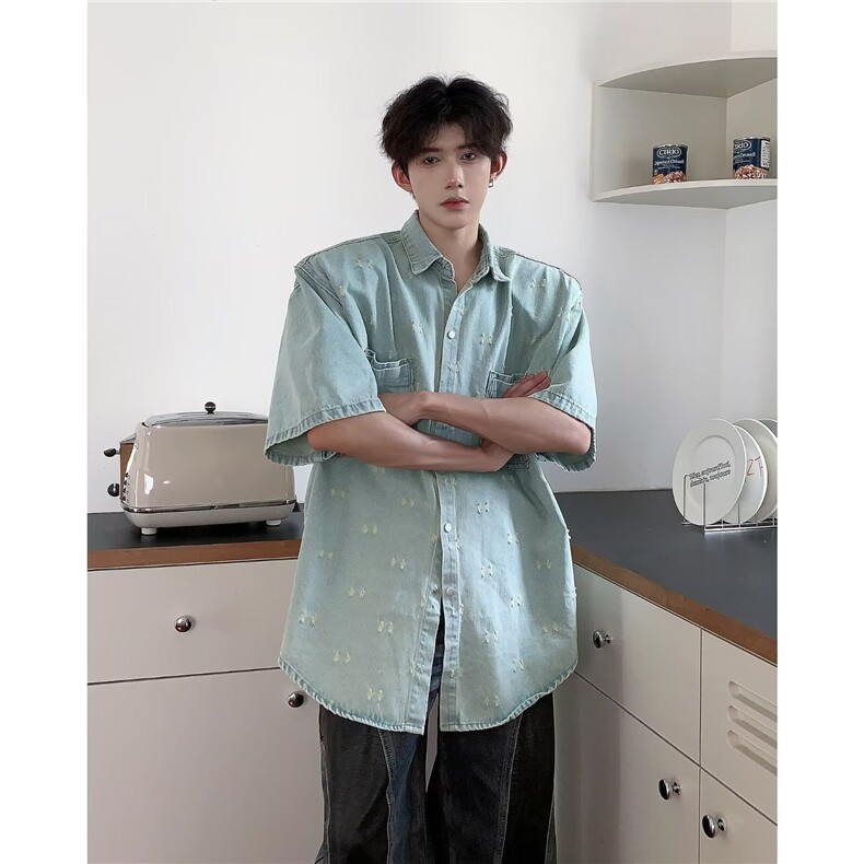 夏季水洗破洞牛仔衬衫有垫肩M995P60,男装衬衫,星座1116-2