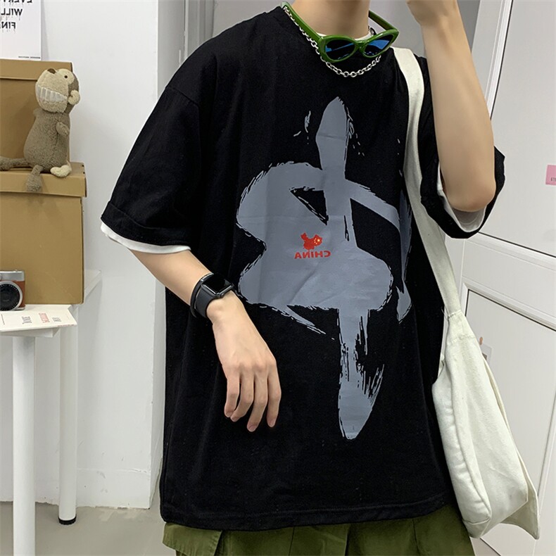 2021港风夏季新款中国印花宽松短袖T恤潮情侣上衣男D79P30,男装T恤,电商A335-1（原A458）