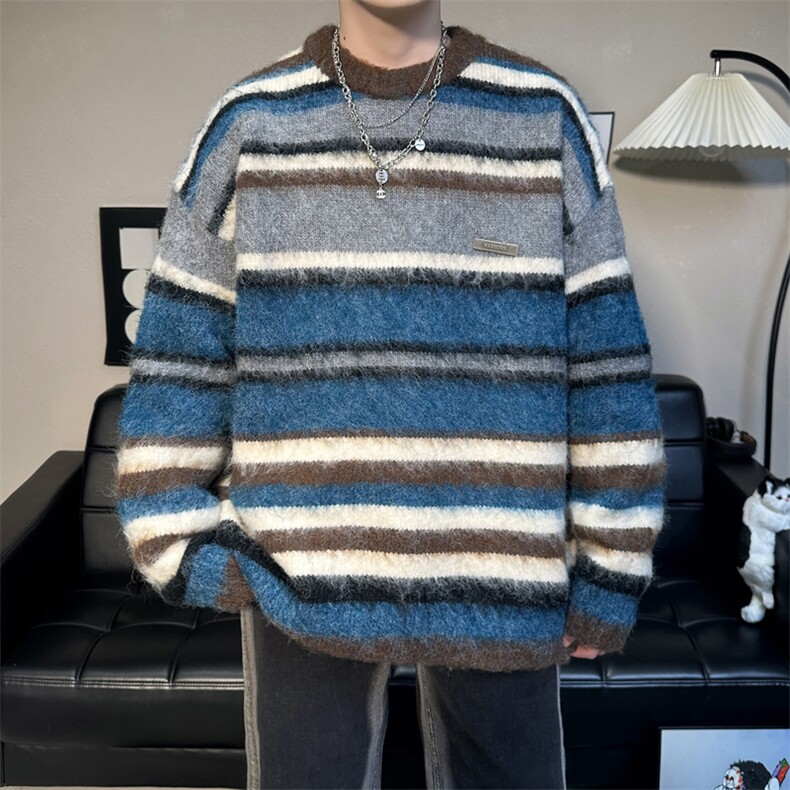 美式复古撞色条纹毛衣男2024秋冬新款慵懒风宽松针织衫M1690-P53,男装针织衫/毛衣,星座512-4