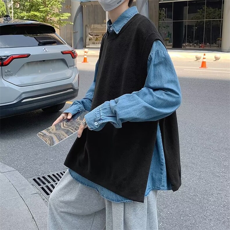 美式街头设计感圆领毛衣男慵懒风休闲叉毛衣马甲FM02 P33图片