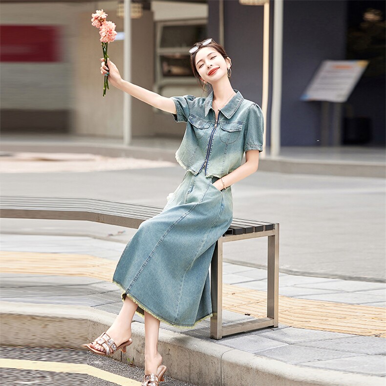 大量现货！短袖牛仔套装女2024夏季新款女装两件套时尚套装裙子,女装套装/套裙,慧尚依恋