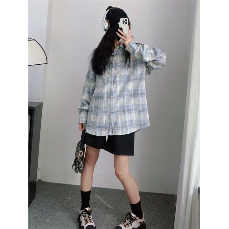 TC704-P45夏日小清新清爽蓝色格纹衬衣2026新款宽松防晒外套,女装衬衫,星座617A-2