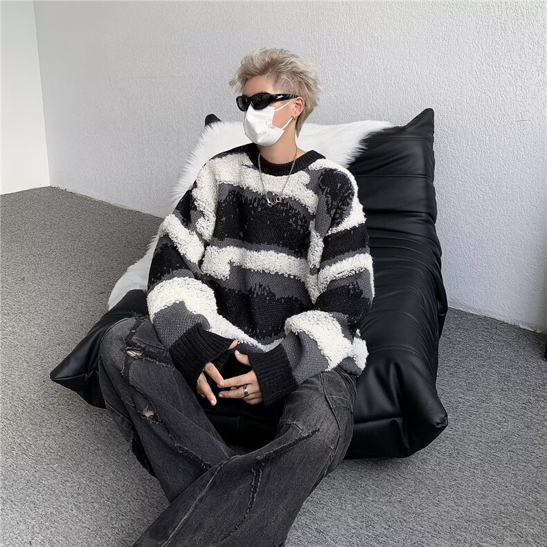 毛衣男秋冬季加厚宽松慵懒风套头圆领上衣毛巾绣针织衫MY9166-P55图片