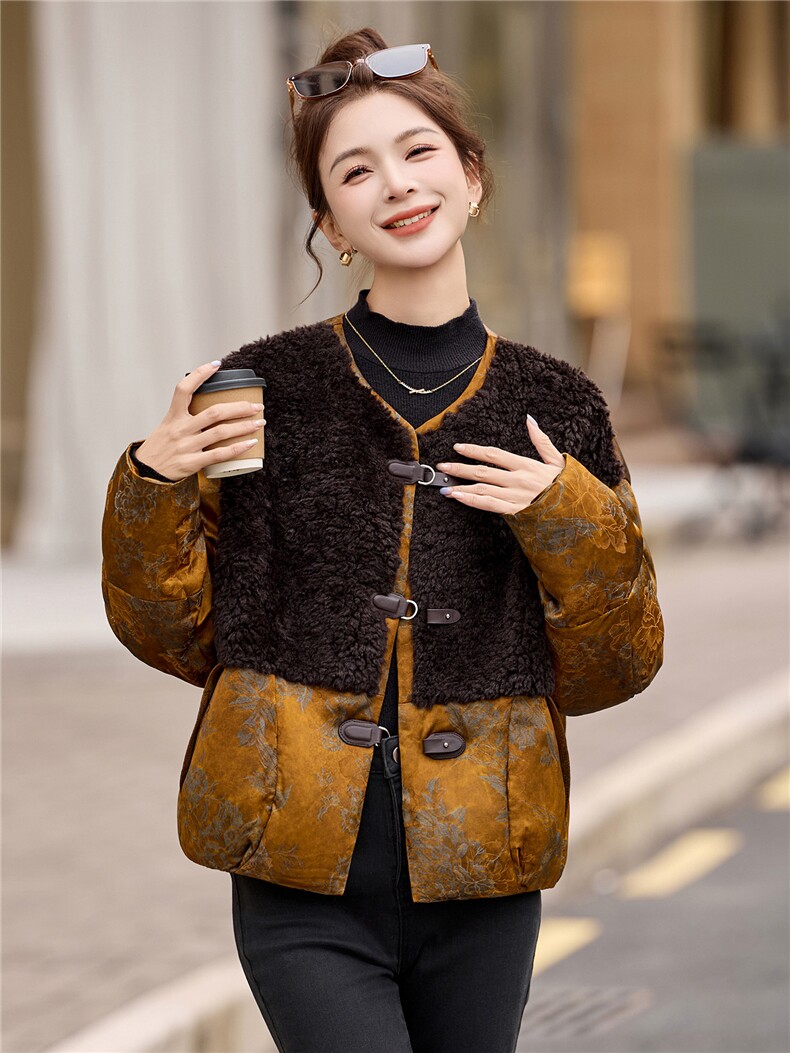 提花人丝皮毛羽绒一体高端时尚流行白鸭绒羽绒服复古风保暖款,女装羽绒服,布芭啦