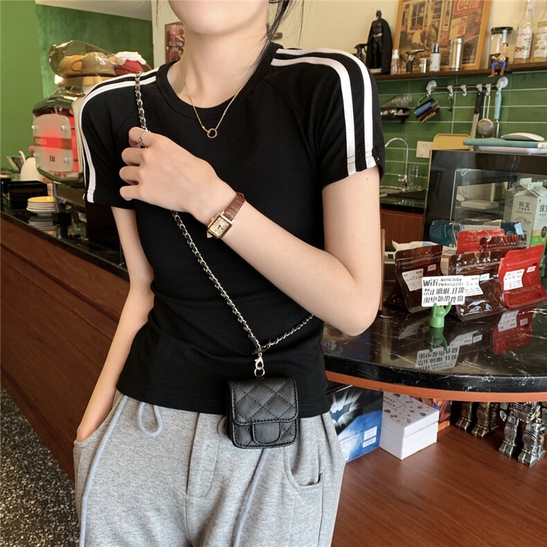 ZT5960-P38复古条纹撞色t恤女夏季辣妹圆领修身显瘦短袖上衣,女装T恤,电商B245