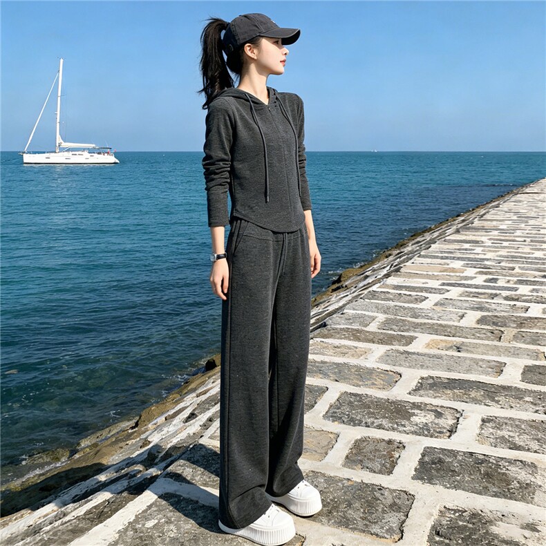 欧货休闲运动套装女春新款洋气显瘦连帽开衫卫衣高腰阔腿裤两件套图片