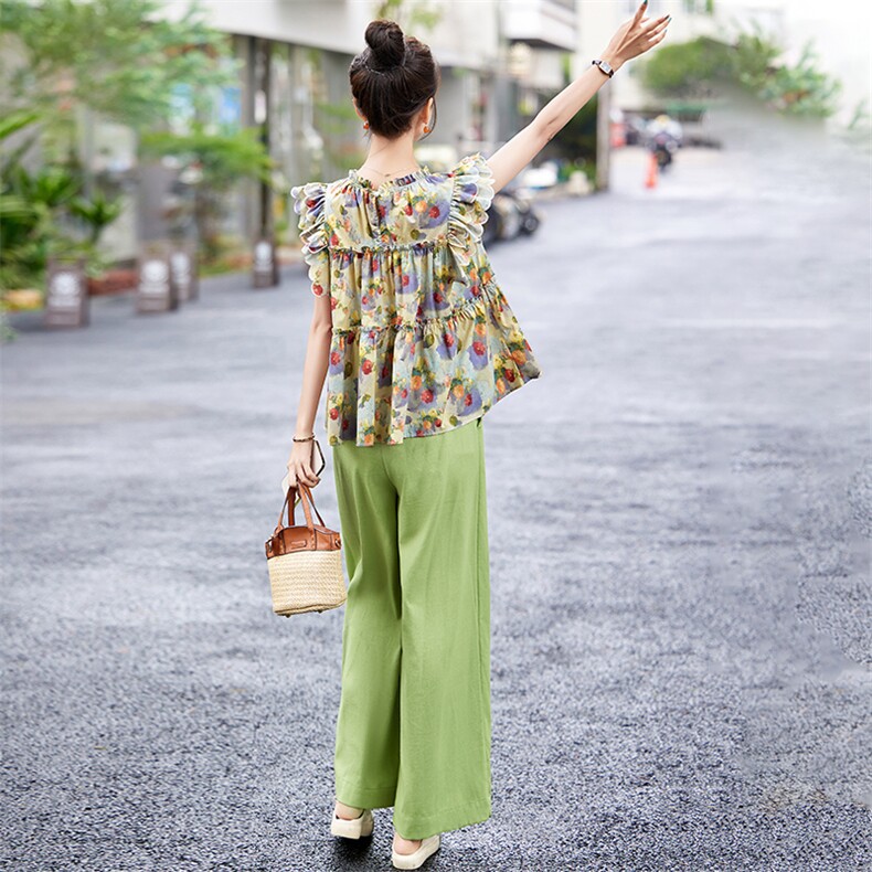 时尚印花气质减龄套装女2025夏季新款洋气飞飞袖上衣阔腿裤两件套,女装套装/套裙,魅影
