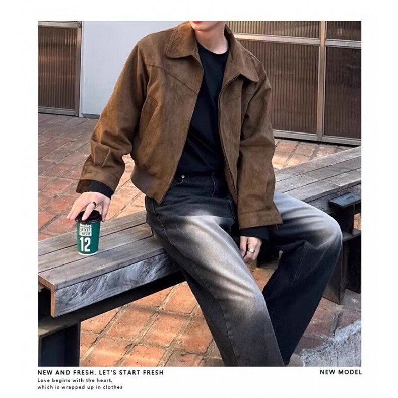 美拉德穿搭美式复古棕咖色麂皮绒外套男春秋vintage短款飞行夹克,男装夹克,星座601-1