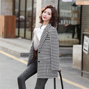 千鸟格毛呢外套女中长款欧洲站2021秋冬新款欧货加厚气质呢子大衣图片