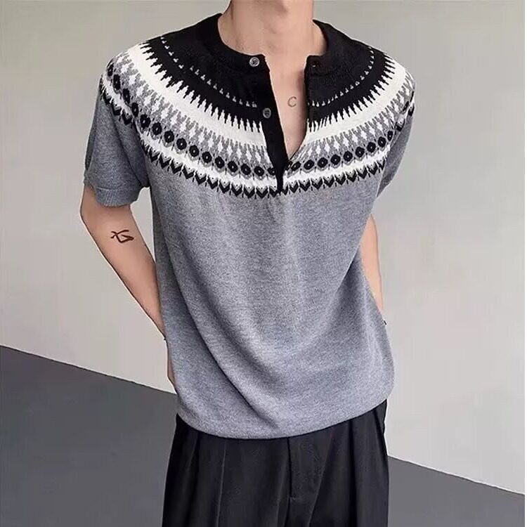 美式复古费尔岛撞色圆领短袖t恤夏季百搭亨利领针织上衣KTX143，男装T恤，星座208-5