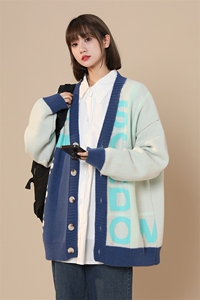 M8170/P75冬季复古文艺针织开衫新款V领拼色慵懒?男女潮牌毛衣图片