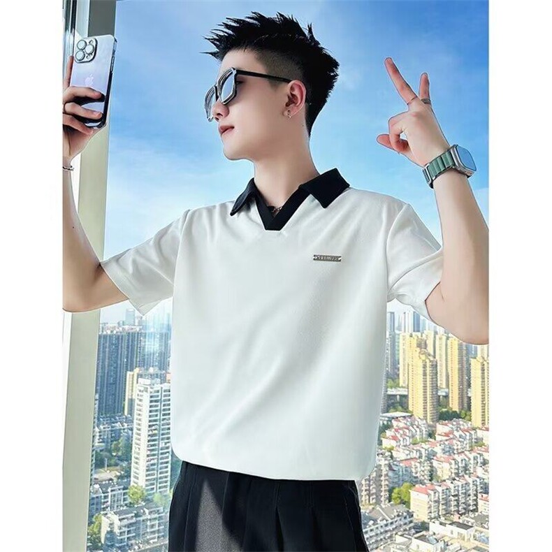 韩版翻领POLO衫男短袖2025新款修身V领痞帅半袖上衣服休闲男装潮,男装Polo衫,星座506A