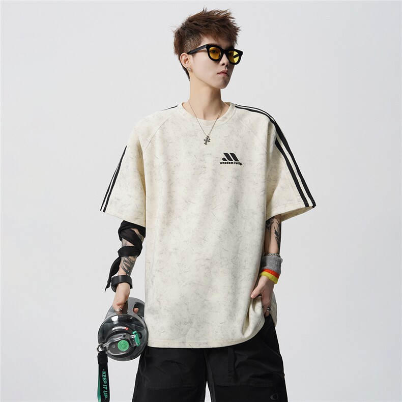 三条杠260重磅宽松扎染工艺短袖T恤P3558，男装T恤，电商D309B