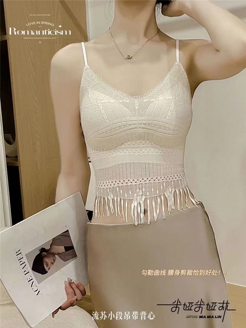 2025流苏蕾丝时尚V领美背吊带，女装背心吊带，东正羊绒