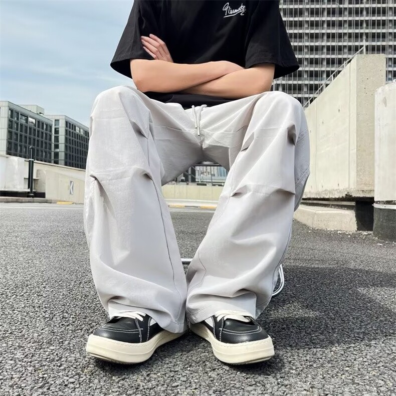 工装褶皱冰丝凉感伞兵裤男生潮ins宽松设计感阔腿弯刀速干休闲裤,男装工装外套,星座1210-1