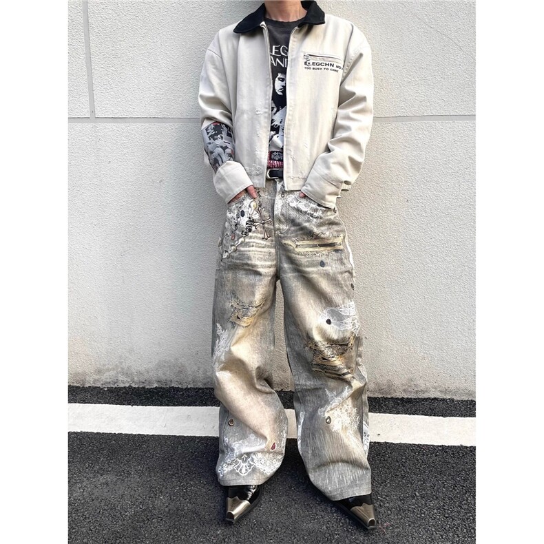 小众个性3D珠串印花宽松直筒牛仔裤长裤男女潮,男装牛仔裤,星座218-1（原230）