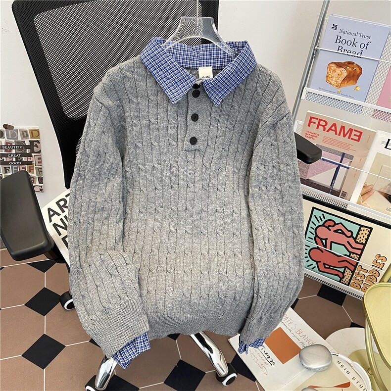 美式假两件拼接麻花针织毛衣男宽松老钱风百搭上衣MY442P62，男装针织衫/毛衣，星座1013-5