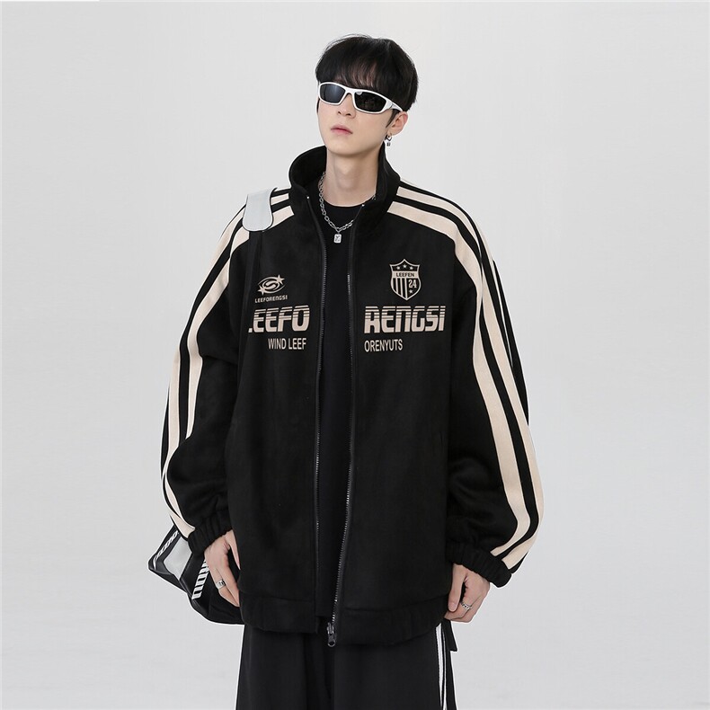 春季新款美式側条纹棒球服男麂皮绒夹克高街痞帅运动外套潮p68图片