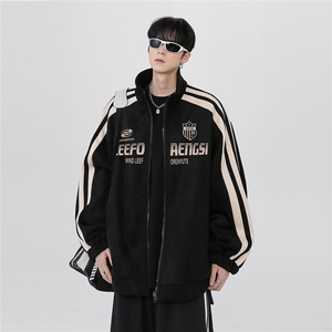 春季新款美式側条纹棒球服男麂皮绒夹克高街痞帅运动外套潮p68图片