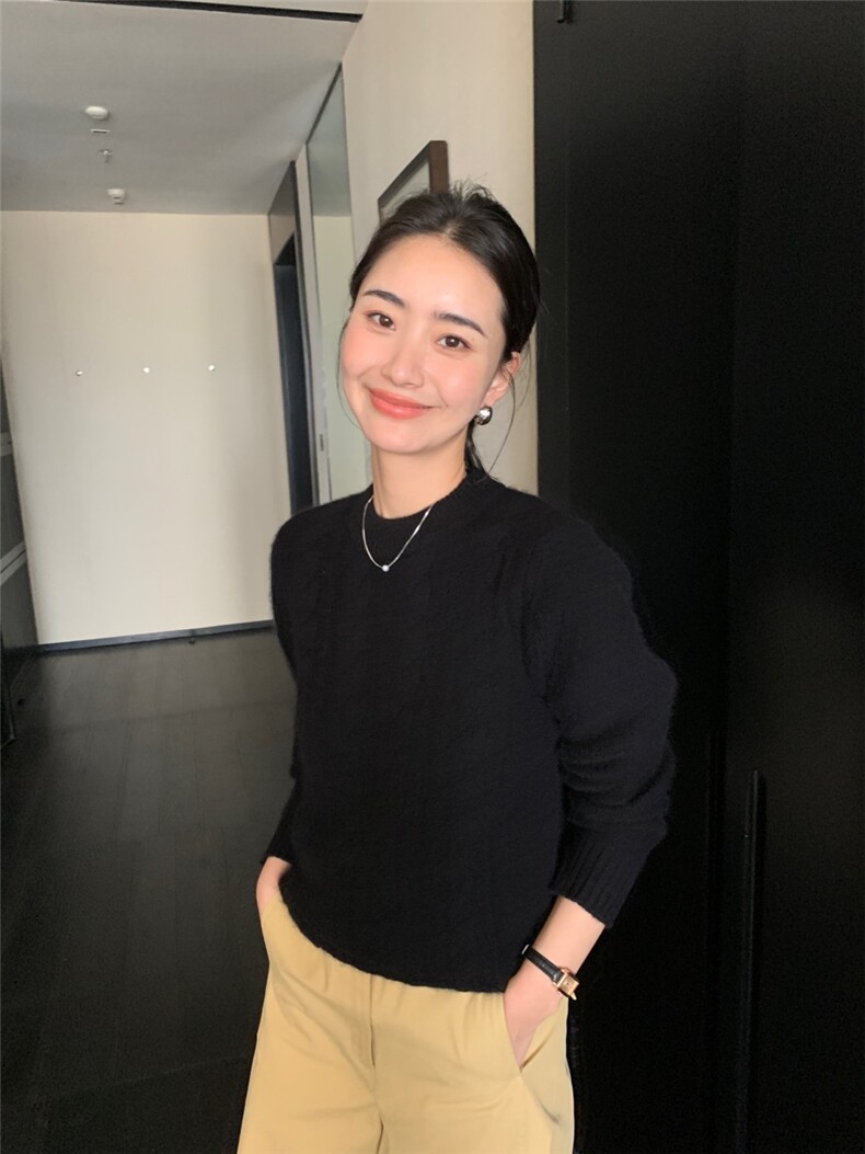 新款女圆领纯色针织衫宽松百搭外穿,针织衫/毛衣,玛卡隆羊绒