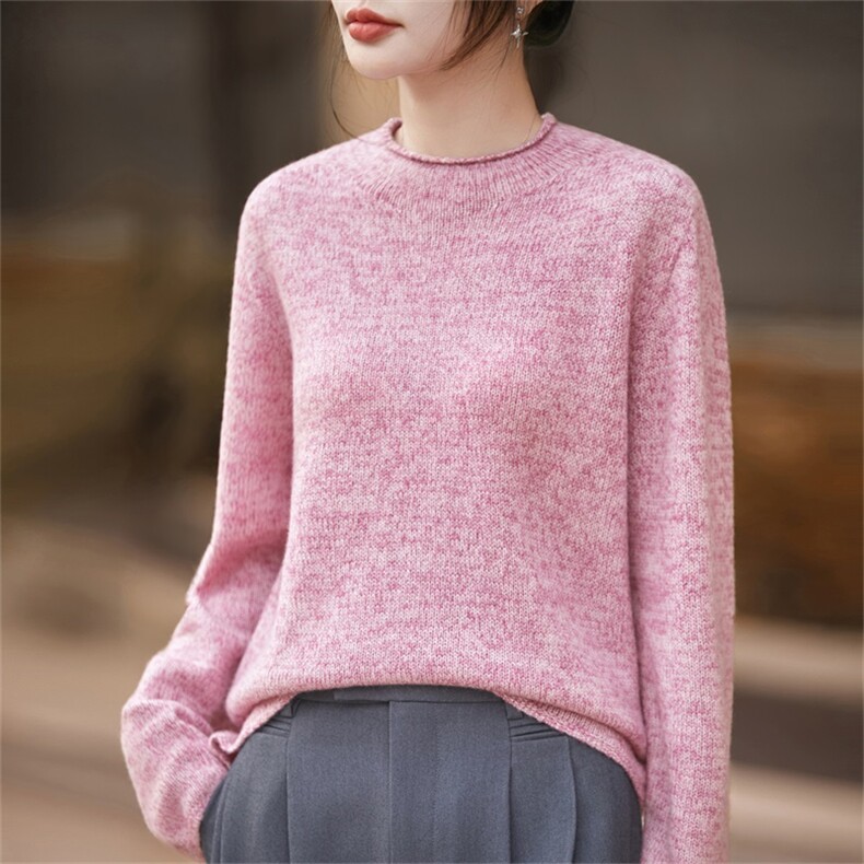 2026年秋季时尚半导体去简约休闲圆领卷边羊绒套衫，女装羊毛衫，暖烁羊绒