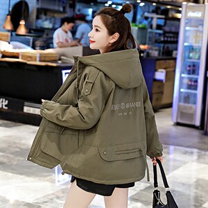 加绒加棉韩版中长款妙龄时尚气质2021冬季新款休闲宽松连帽棉衣图片