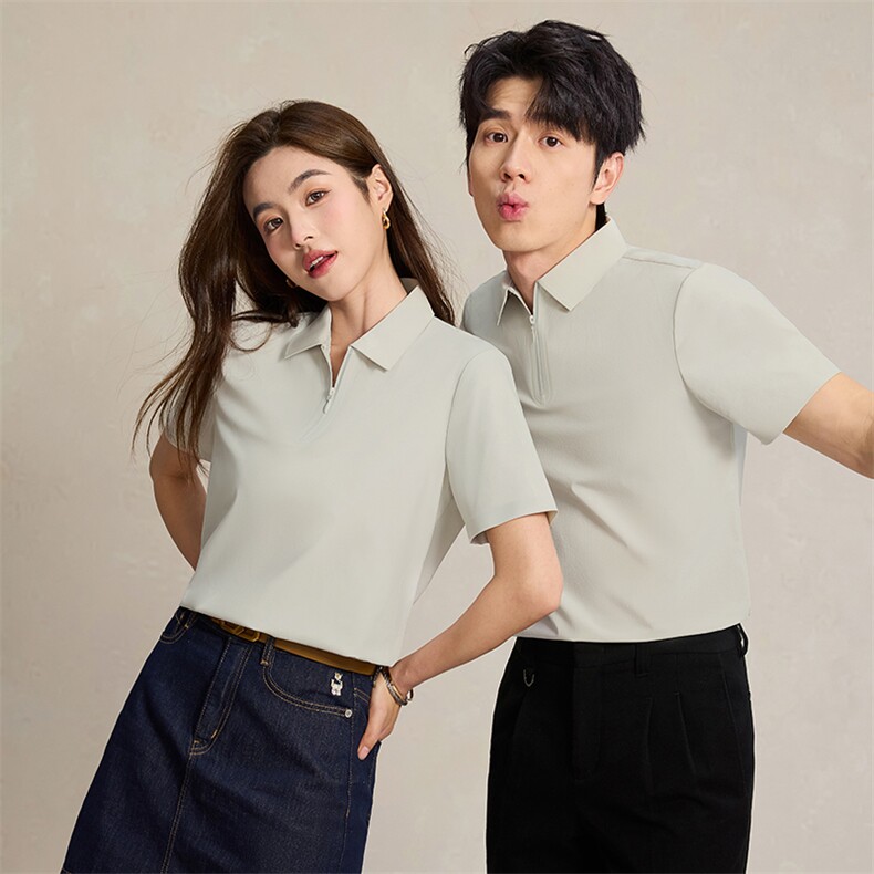 男女同款休闲百搭纯色拉链款翻领polo衫，女装T恤，宏恒