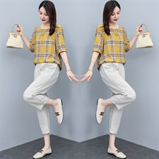 夏季大码宽松简约时尚气质减龄格子短袖上衣+休闲裤两件套装女，女装套装/套裙，妃曼