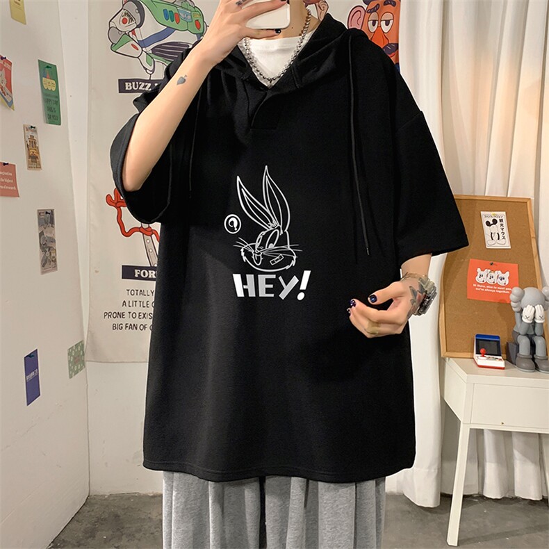 LD54179-P45连帽短袖t恤男大码胖子带帽五分袖中袖海报风,男装T恤,电商A040