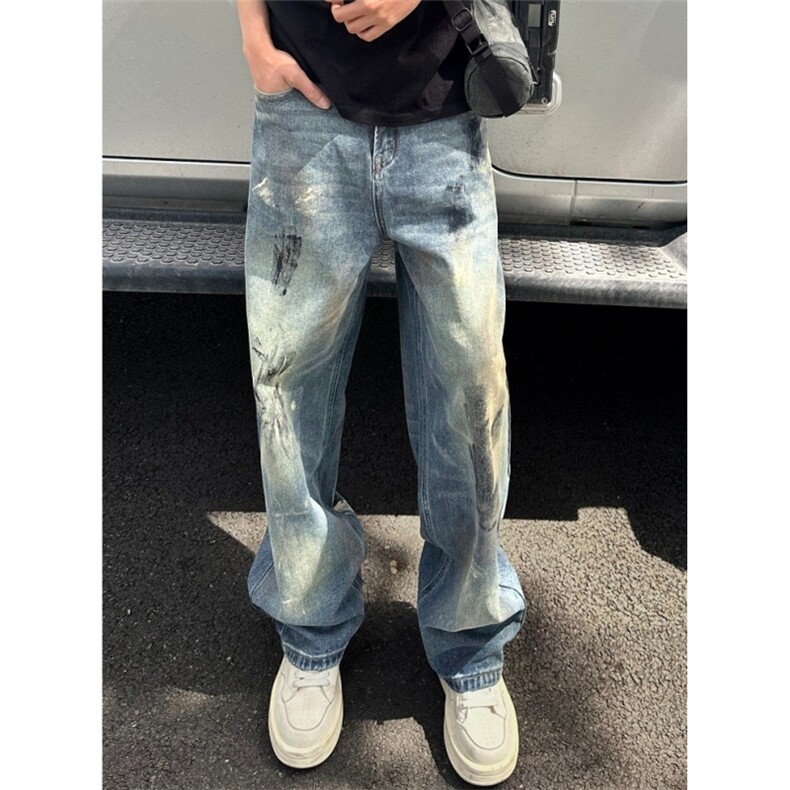 美式高街泼墨牛仔裤男秋冬潮牌痞帅炸街裤子做旧NM716,男装牛仔裤,星座1116A（原606A-3）