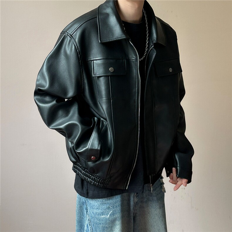 现货短款机车皮衣外套男宽松休闲痞帅皮夹克A351-AP2468-P105图片