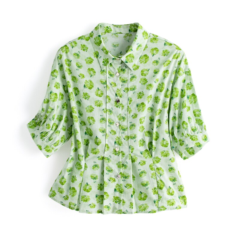 高级感时尚棉布印花衬衫女收腰显瘦短款小衫，女装衬衫，水衣源