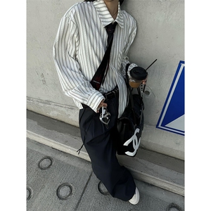 美式潮牌高街复古泡泡纱竖条纹日系肌理长袖衬衫男女休闲宽松衬衣