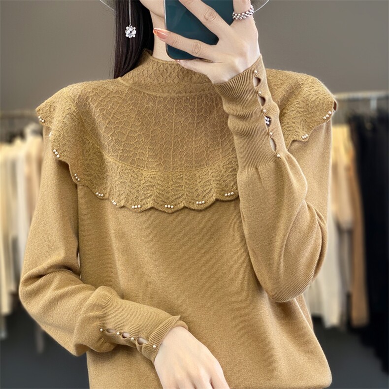 法式半高领重工钉珠提花针织长袖打底衫女时尚洋气设计感套头毛衣,女装羊毛衫,宛庄羊绒